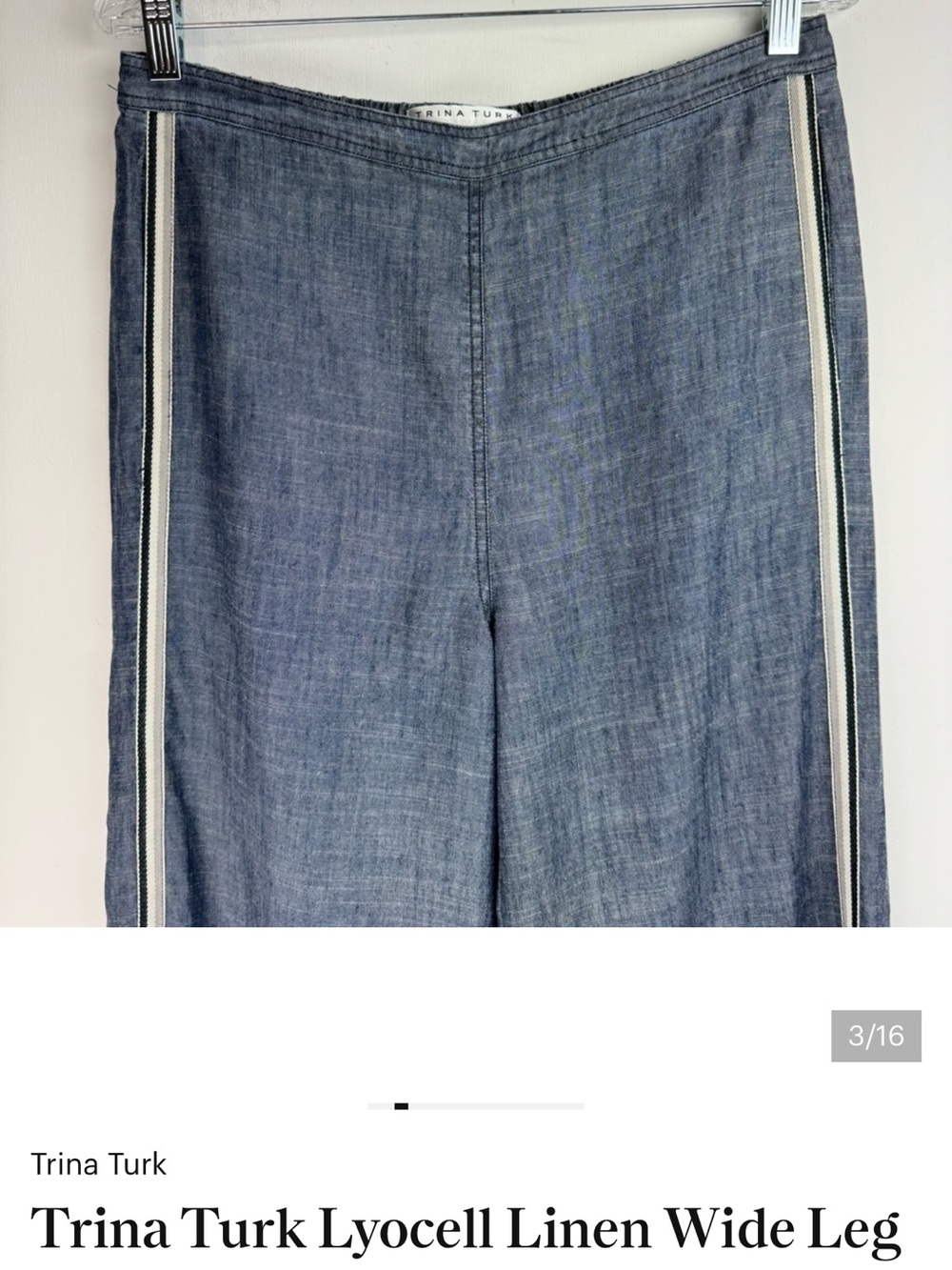 Trina Turk Blue Chambray Wide-Leg Pants with Side Stripes